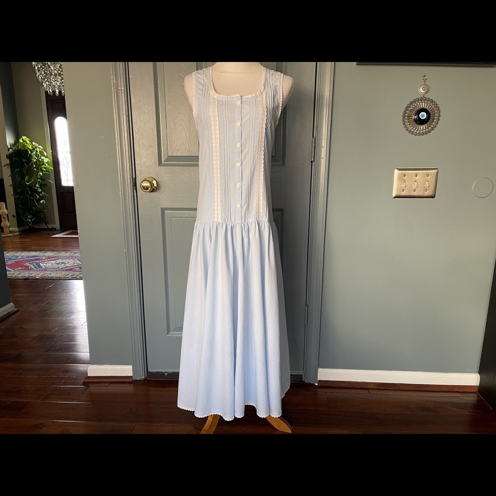 PBJ Vintage 70's Blue Lace Trim Cotton Blend Maxi Dress.